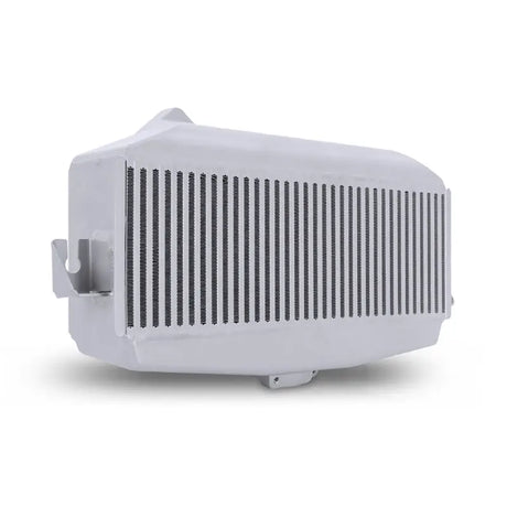 White Subaru WRX top-mount intercooler with vertical fins for improved performance