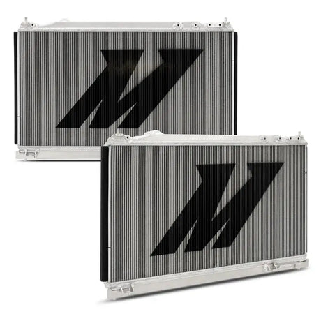 Two silver Mishimoto Nissan Z performance aluminum radiators with black logos