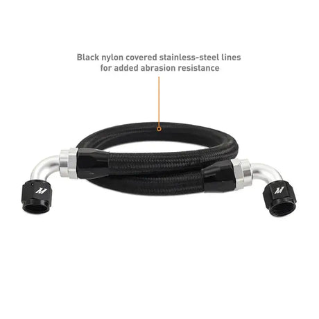 Black nylon-covered stainless steel oil cooler hose with silver and black fittings for Mishimoto GR Corolla kit