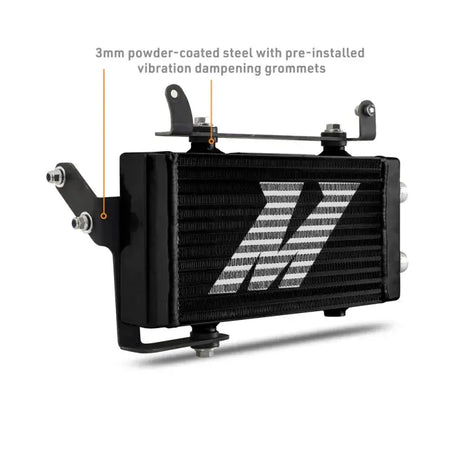 Black powder-coated steel Toyota GR Corolla oil cooler with mounting hardware in the oil cooler kit