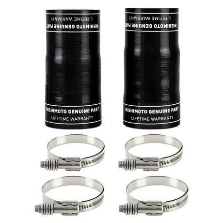 Two black silicone couplers with four hose clamps for Mishimoto High Mount INTA kit