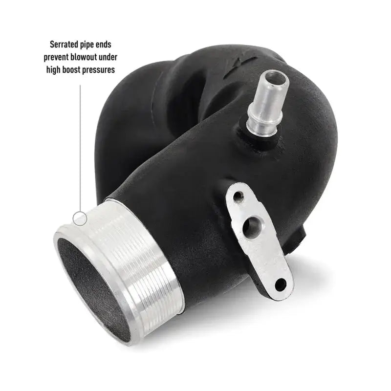 Black aluminum intake manifold with serrated pipe end for stock location int kit on Bronco