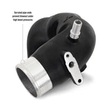 Black aluminum intake manifold with serrated pipe end for stock location int kit on Bronco