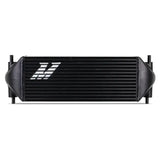 Black intercooler with horizontal fins from Mishimoto stock location int kit for Bronco