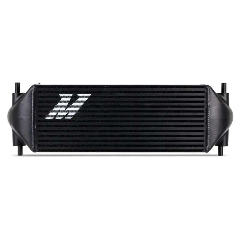 Black intercooler with horizontal fins from Mishimoto stock location int kit for Bronco