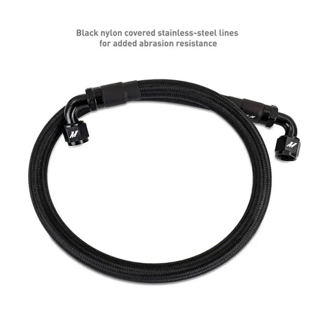 Black nylon-covered stainless steel hose with angled fittings for Subaru BRZ and Toyota GR86 oil cooler kit