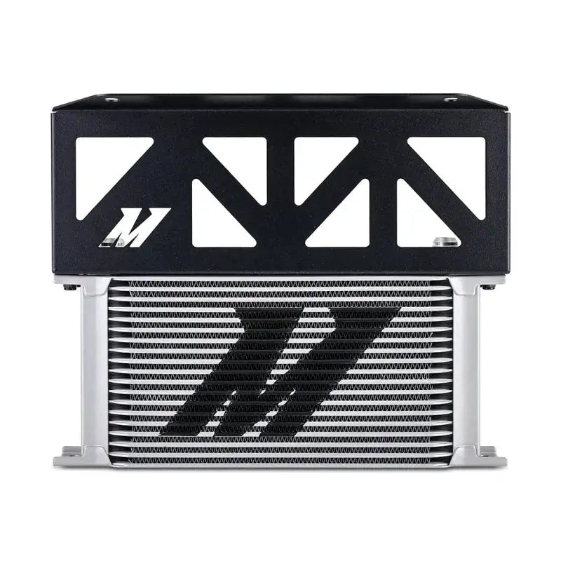 Silver and black oil cooler with protective cage from Mishimoto Subaru BRZ Toyota GR86 oil cooler kit