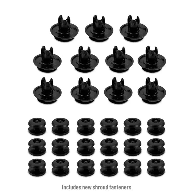 Black plastic shroud fasteners for WRX TMIC Kit with red pipes in Mishimoto 22+ WRX TMIC Kit Silver Core Red Pipes