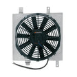 Square aluminum radiator fan with black blades attached to Mishimoto race radiator fan shroud kit