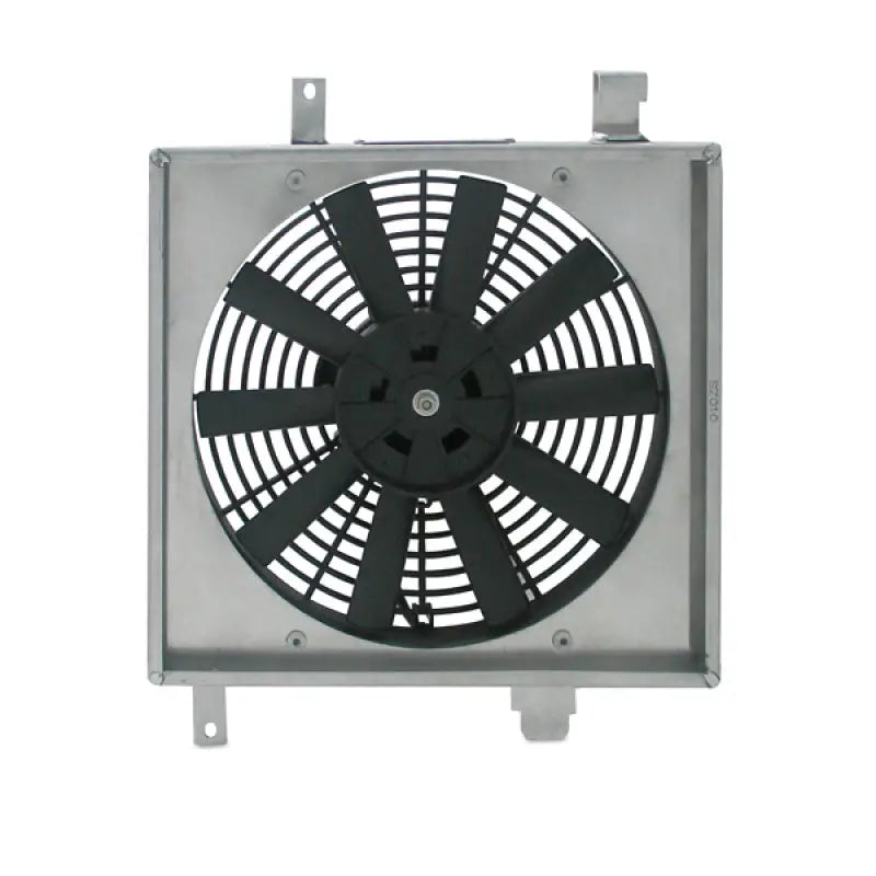 Square framed electric cooling fan in Mishimoto race radiator fan shroud kit
