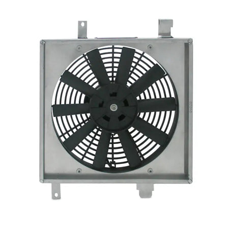 Square framed electric cooling fan in Mishimoto race radiator fan shroud kit