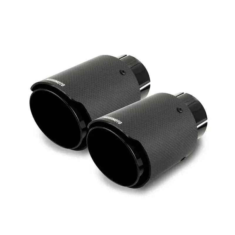 Pair of black carbon fiber muffler tips from Mishimoto 2x Carbon series