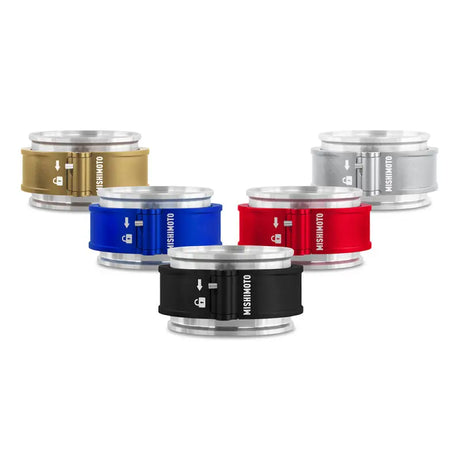 Five colorful Mishimoto quick release clamp assembly hoses for easy fit and secure hold