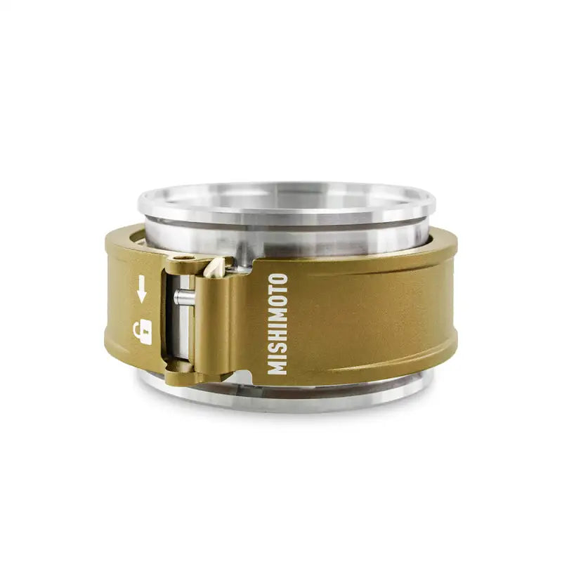 Gold and silver quick release clamp from Mishimoto 3.0in release clamp assembly