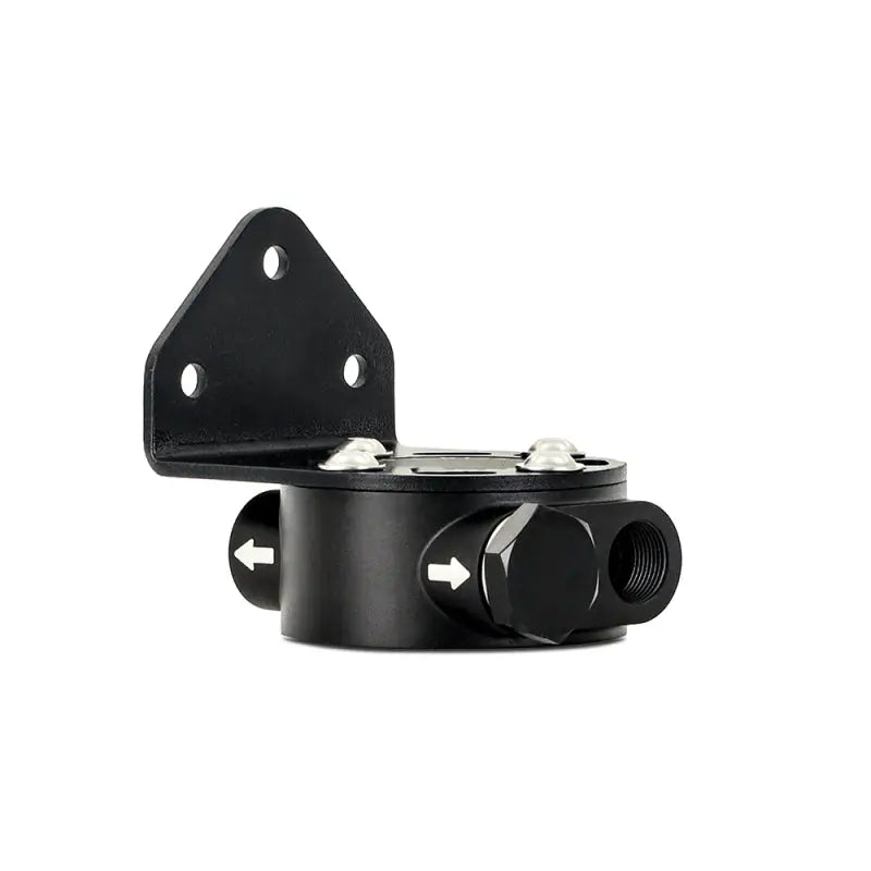 Black Mishimoto remote oil filter mount for easy oil filter relocation and installation