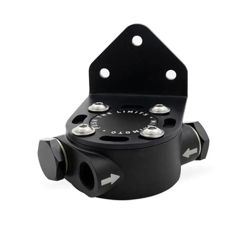 Black metal fluid flow control device for Mishimoto remote oil filter mount