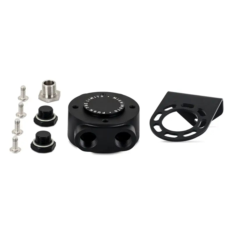 Automotive oil catch can kit with Mishimoto Black remote oil filter mount and oil filter