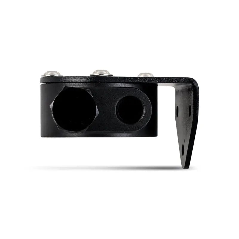 Black metal remote oil filter mount with fluid distribution block and mounting bracket