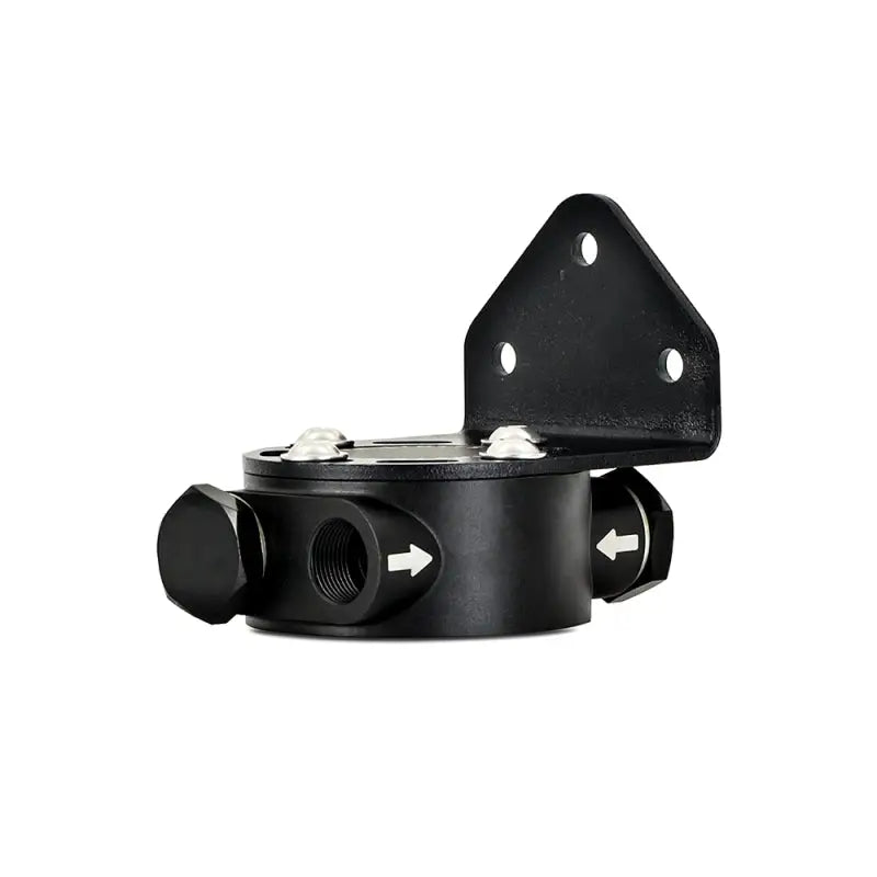 Black Mishimoto remote oil filter mount kit for easy oil filter installation