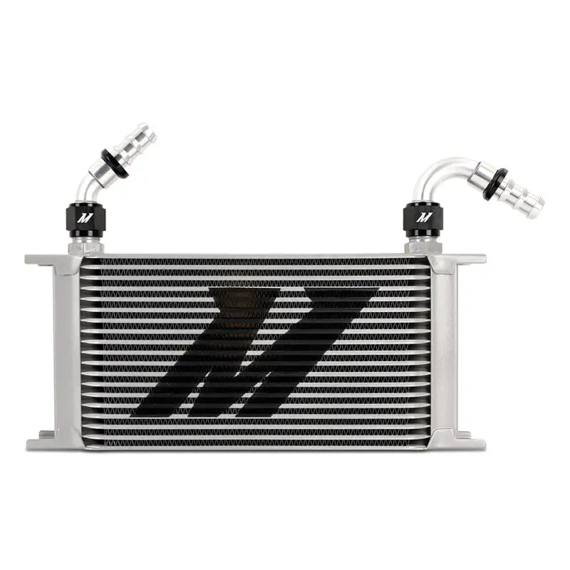 Silver oil cooler with angled push lock fitting for secure and stylish installation