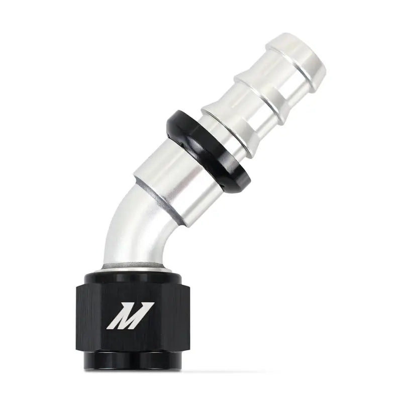 Angled Mishimoto push lock fitting for flexible hose connection, rugged lock fitting