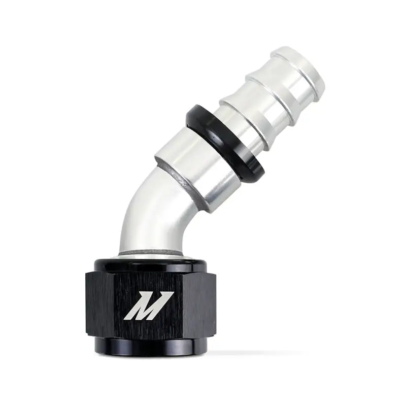 Black and silver Mishimoto 45-Degree Push Lock Fitting -12AN for secure lock fitting