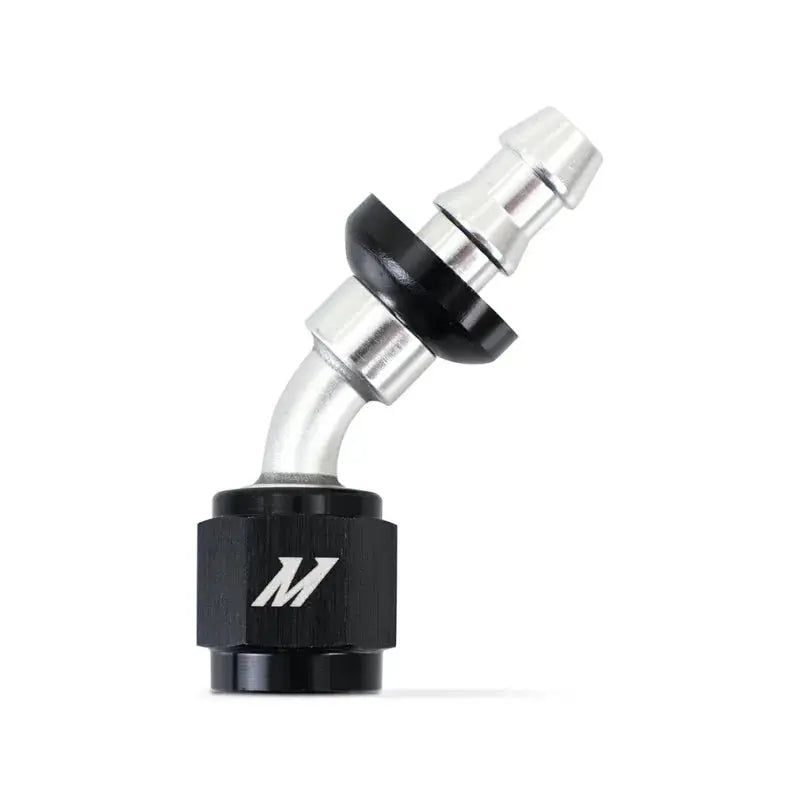 Black and silver Mishimoto 45 degree push lock fitting for 4AN hoses