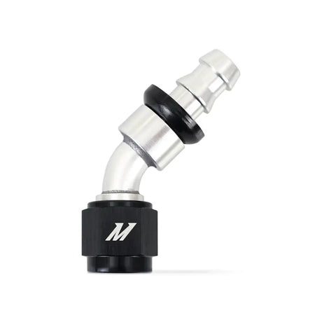 Black and silver Mishimoto 45 Degree Push Lock Fitting for 6AN hoses