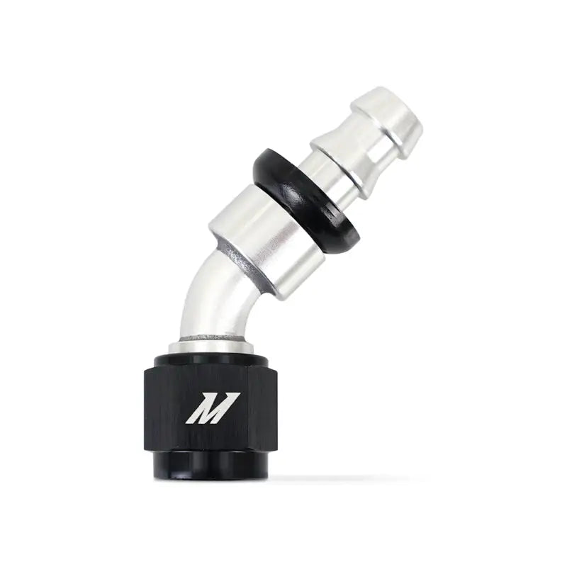 Black and silver Mishimoto 45 Degree Push Lock Fitting for 6AN hoses