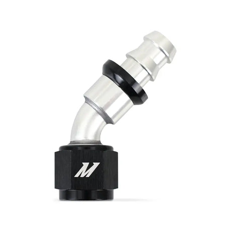 Silver and black Mishimoto 45 Degree Push Lock Fitting 8AN for easy hose connection