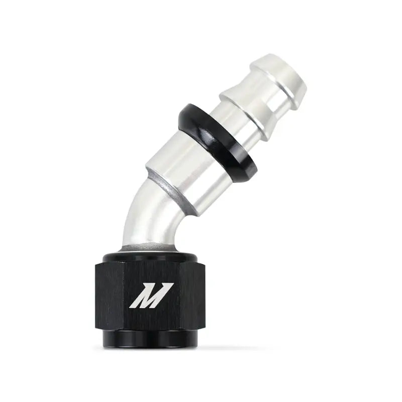 Silver and black Mishimoto 45 Degree Push Lock Fitting 8AN for easy hose connection