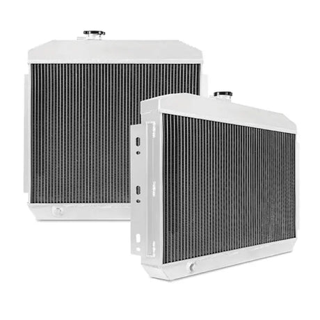 White aluminum radiators for Chevrolet Bel Air inline 6 engine setup