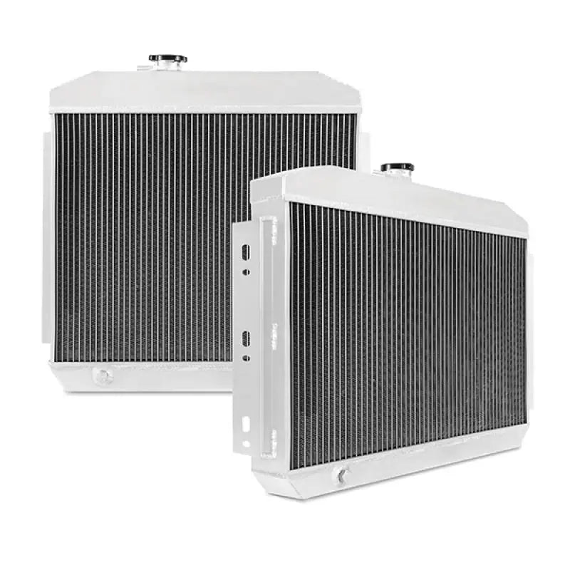 White aluminum radiators for Chevrolet Bel Air inline 6 engine setup