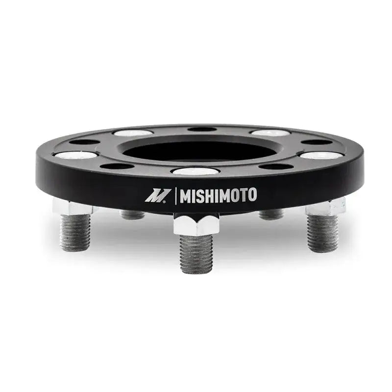 Black Mishimoto 5x114 15mm wheel spacers with studs for better fitment