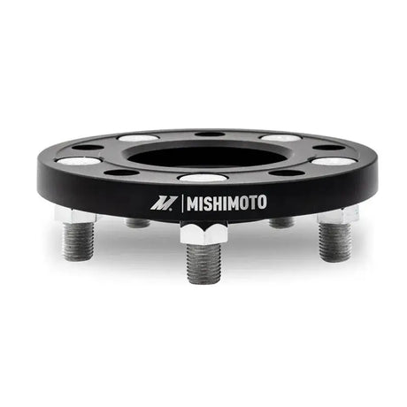 Black Mishimoto 5x114 15mm wheel spacers with studs for better fitment