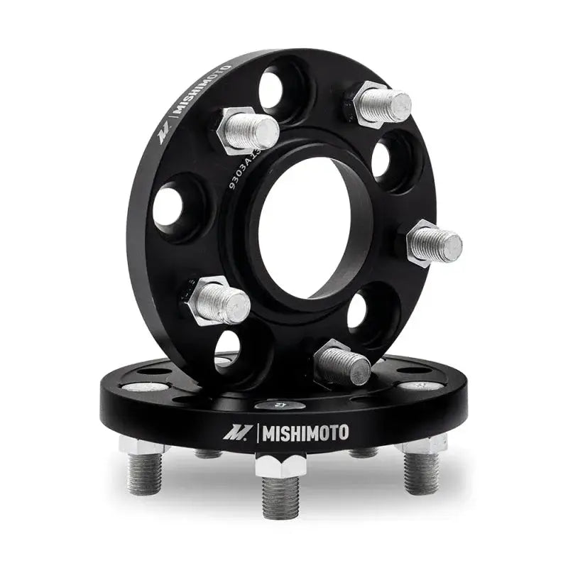 Black Mishimoto 5x114.3 15mm wheel spacers with bolts for better fitment