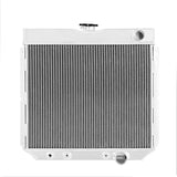 Silver aluminum car radiator for Ford Mustang from Mishimoto, high-performance aluminum radiator