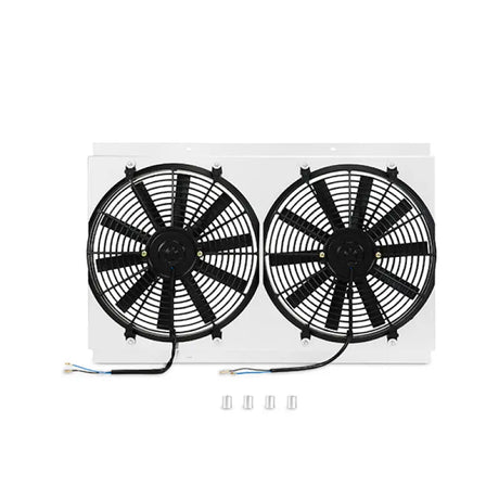 Dual electric radiator fans in Mishimoto truck performance aluminum fan shroud with fan controller