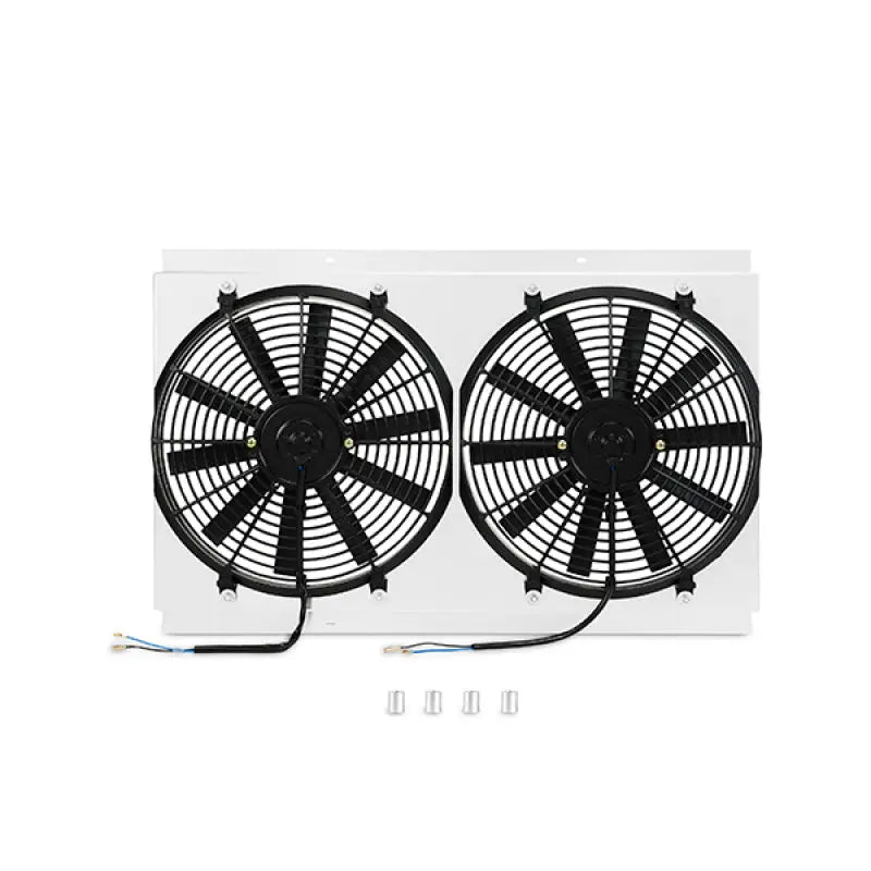 Dual electric radiator fans in Mishimoto truck performance aluminum fan shroud with fan controller