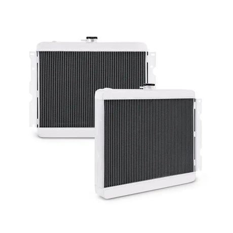 White and black radiators for Plymouth Barracuda big block aluminum radiator upgrade