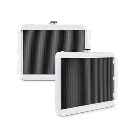 White aluminum radiators for Plymouth Barracuda with big block engine setup