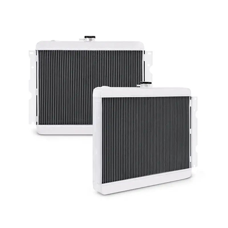 White aluminum radiators for Plymouth Barracuda with big block engine setup