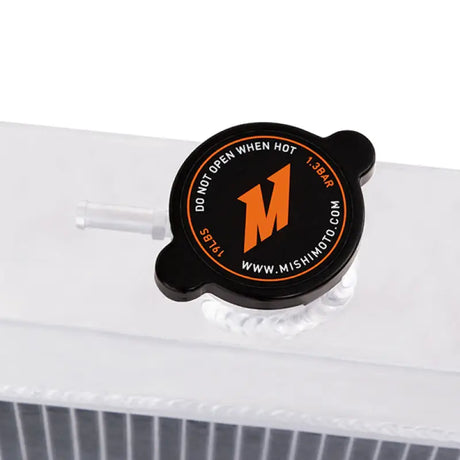 Black radiator cap on Mishimoto aluminum radiator for Plymouth Barracuda small block engine