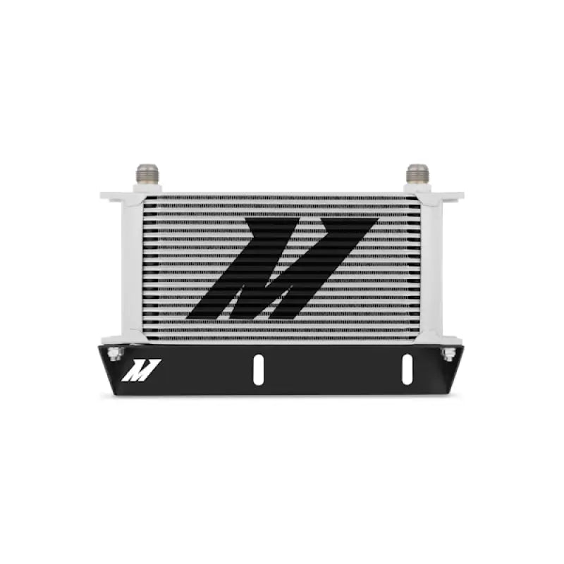 Silver and black oil cooler from Mishimoto Ford Mustang 5.0L oil cooler kit