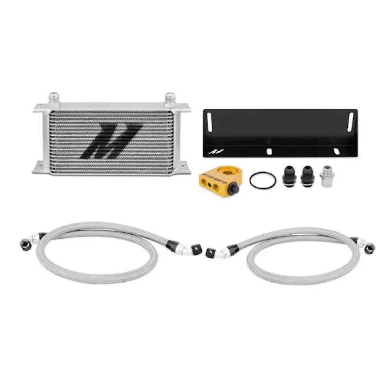 Automotive oil cooler kit for Ford Mustang 5.0L Mishimoto thermostatic oil cooler in silver