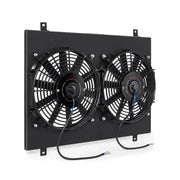 Dual electric cooling fans on Mishimoto Ford Mustang aluminum fan shroud for better airflow