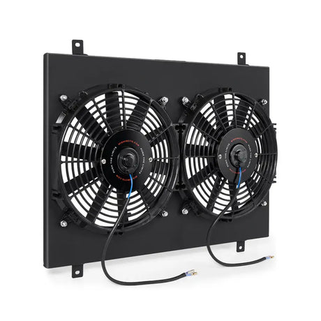 Dual electric cooling fans on Mishimoto Ford Mustang aluminum fan shroud for better airflow