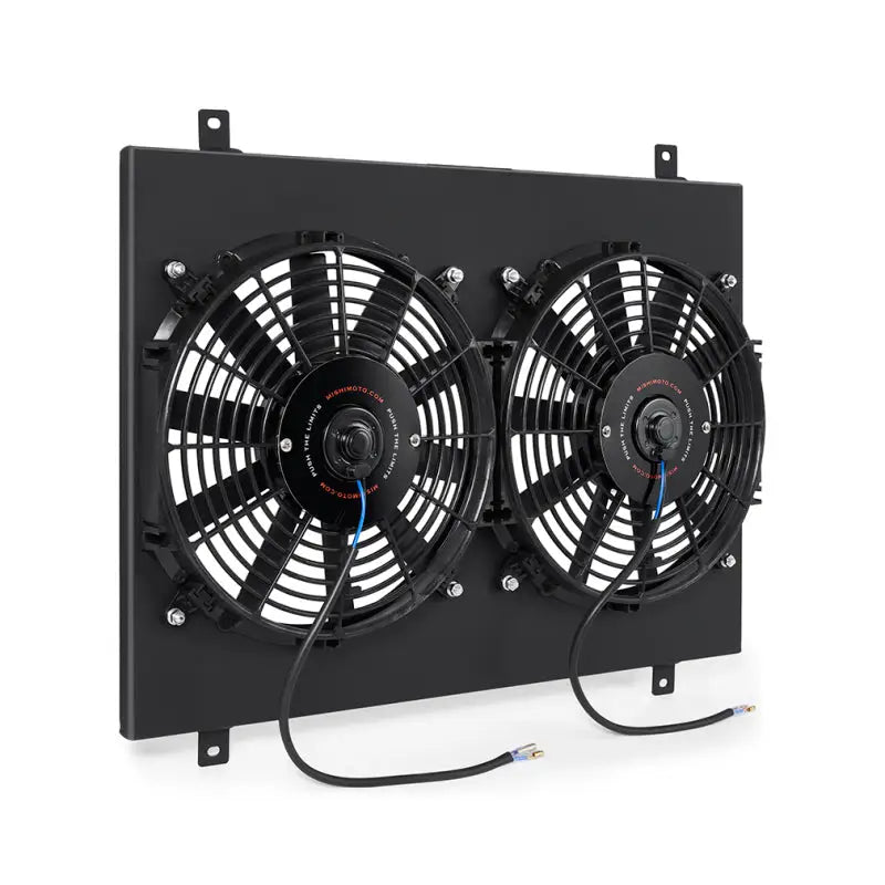 Dual electric cooling fans on Mishimoto Ford Mustang aluminum fan shroud for better airflow