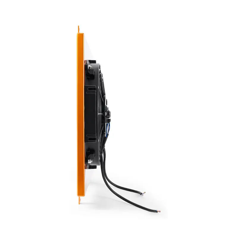 Orange-framed cooling fan with wires on Mishimoto Ford Mustang aluminum fan shroud