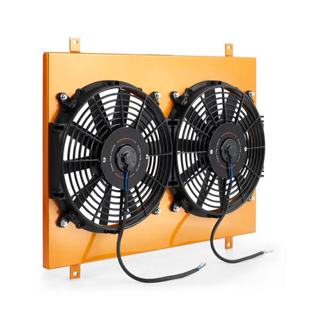 Dual electric cooling fans on orange aluminum fan shroud for Ford Mustang upgrades